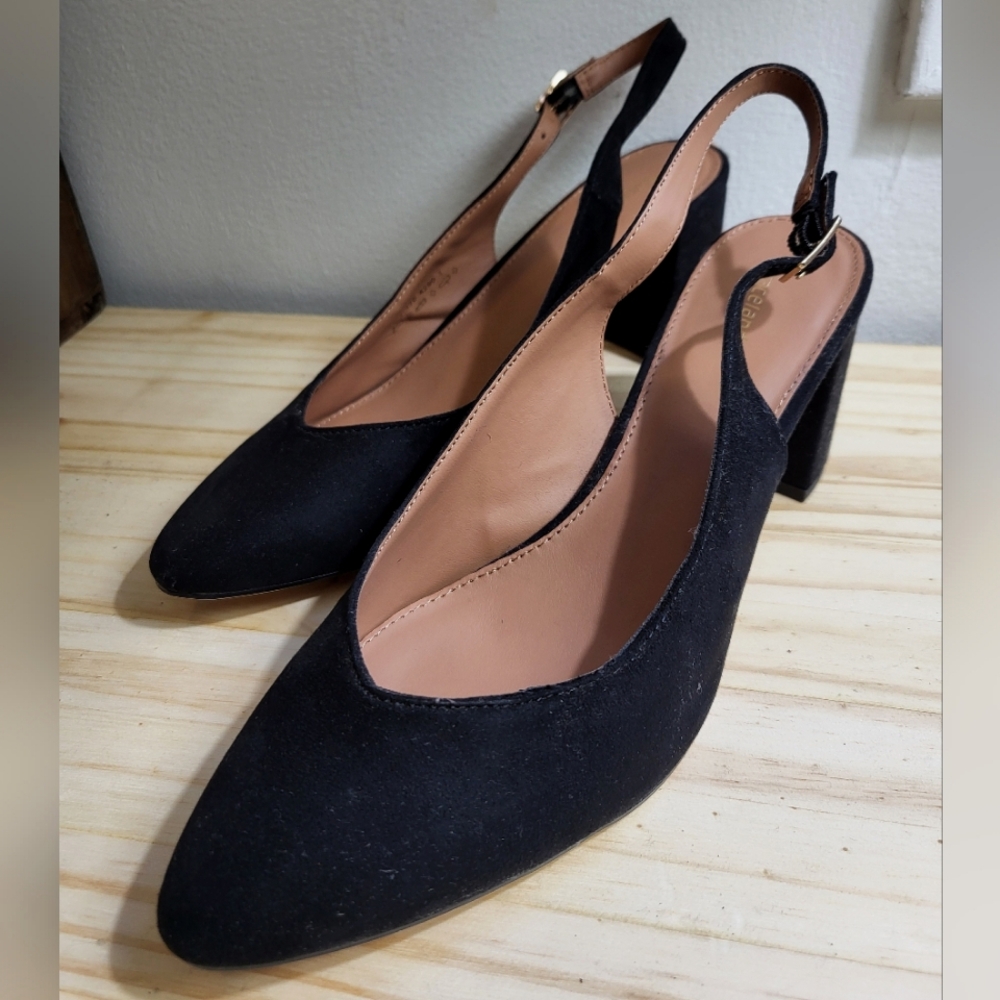 Black velours slingback heels pointy